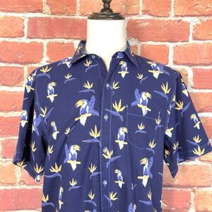 Tommy Bahama Camp Shirt Seersucker Cotton Tencel Blue Parrot Size Medium‎